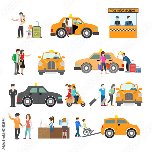 Flat Modern families catch cab service people Transport vector