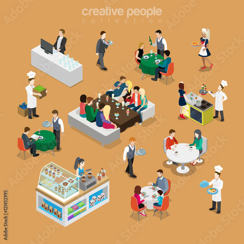 Isometric flat People in restaurant cook desert Food 3d vector