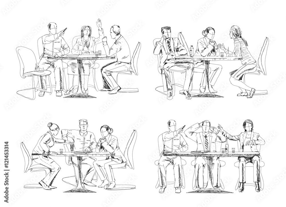 Silhouettes of successful business people working on meeting. Sketch Silhouettes of successful business people working on meeting. Sketch