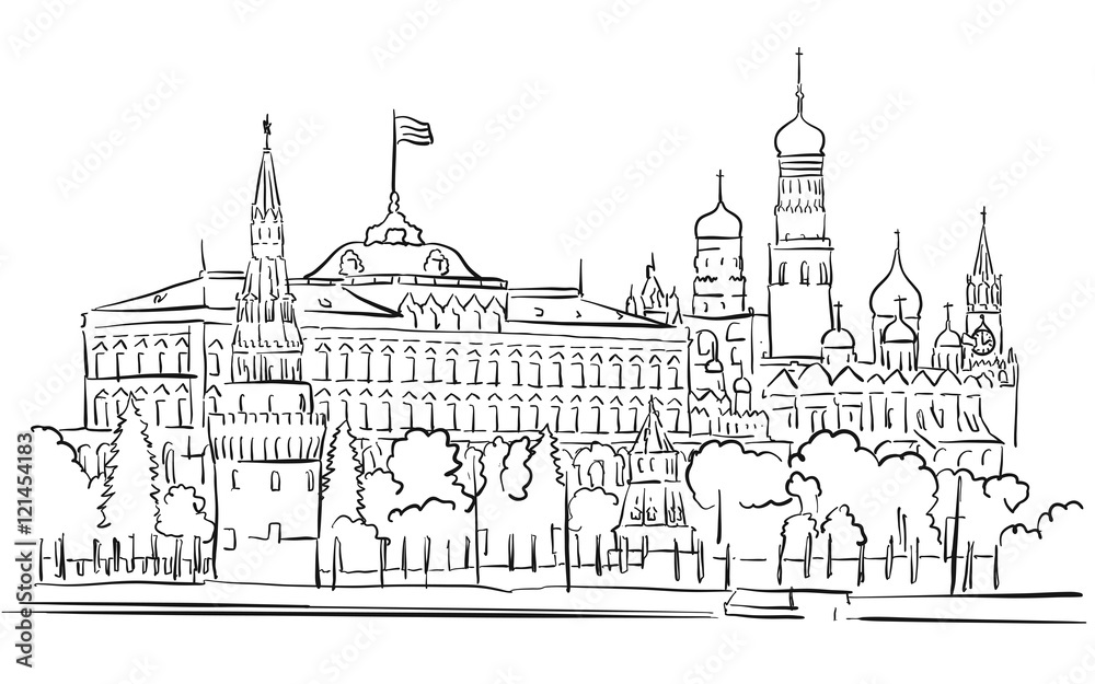 Kremlin, Moscow, Panoramic Greeting Card Sketch