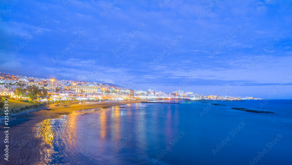 Las Americas Beach at blue hour in Tenerife island – Canary, Spain