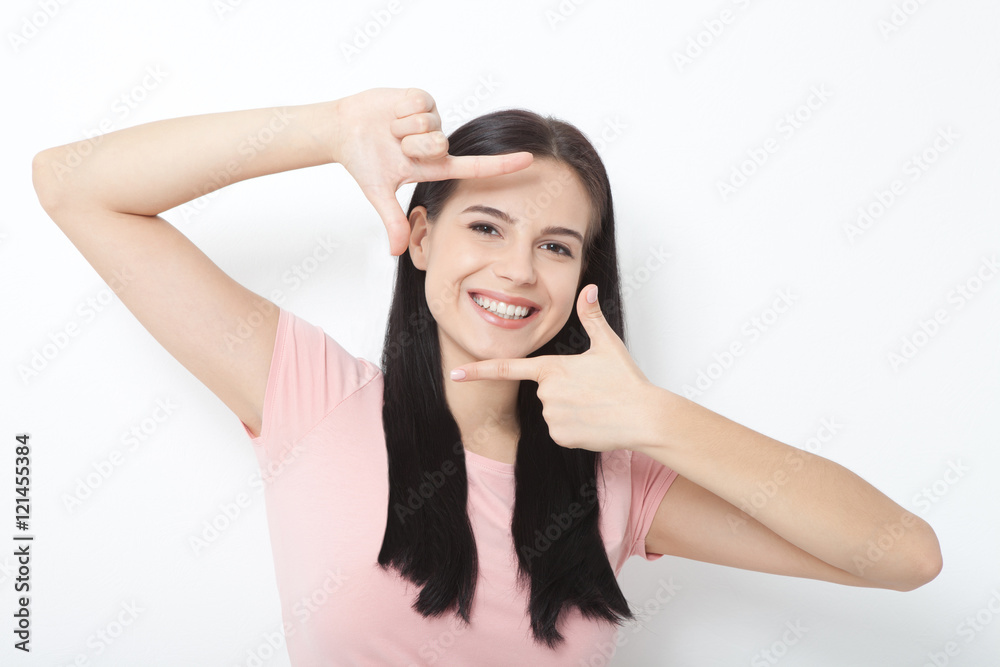 Beauty woman with white perfect smile looking at camera Beauty woman with white perfect smile looking at camera