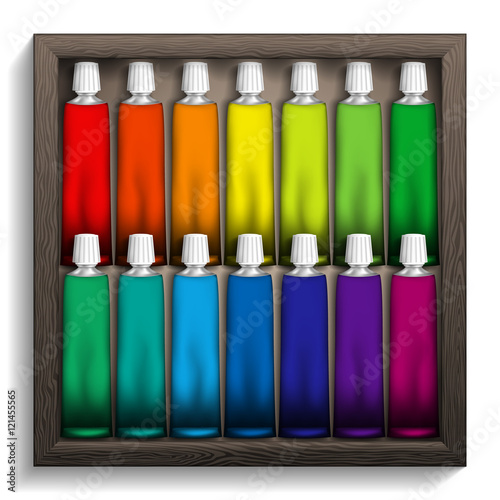 Fourteen tubes of paint in a wooden box. Vector illustration.