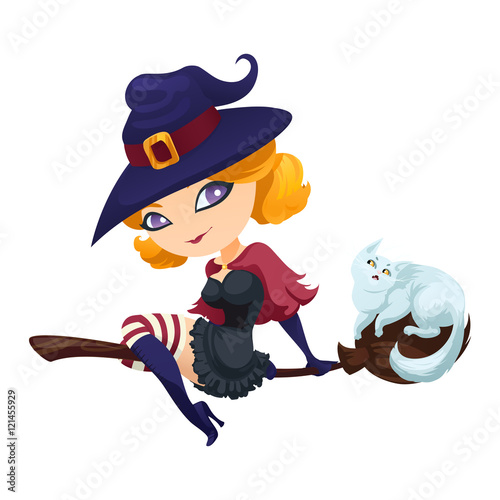 Cute witch flying on a broom with a cat.