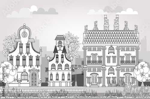 Doodle of beautiful city with very detailed and ornate town houses  gardens   trees and lanterns. City background
