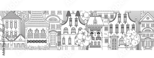Doodle of beautiful city with very detailed and ornate town houses, gardens, trees and lanterns. City background