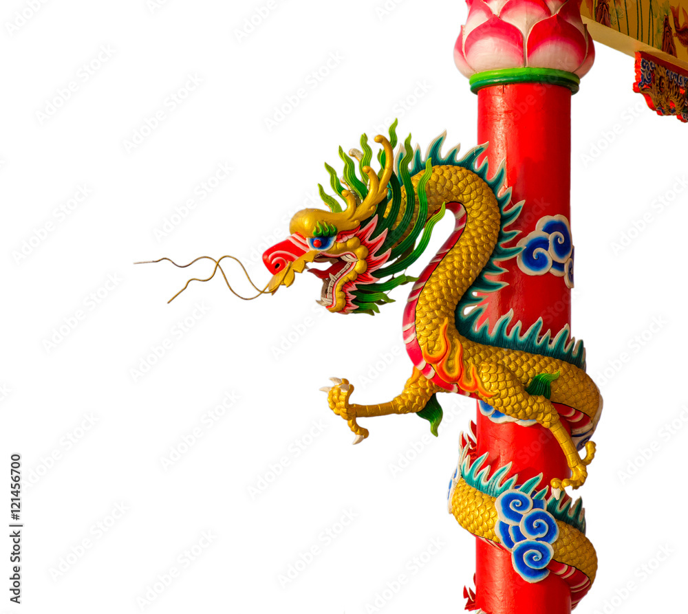 Colorful dragon statue on white background in Chinese Shrine.