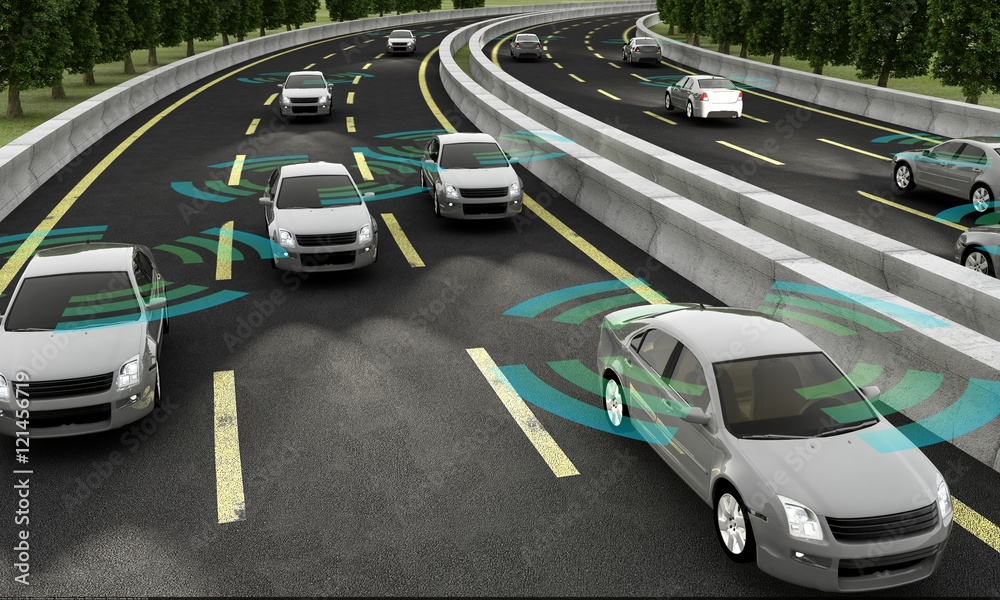 Autonomous cars on a road with visible connection