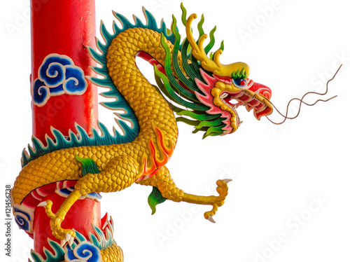 Colorful dragon statue on white background in Chinese Shrine.