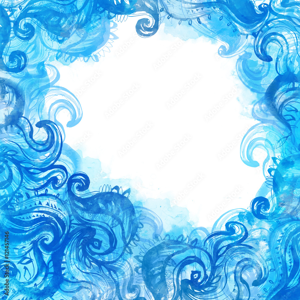 Elegant blue patterned frame painted with watercolor Elegant blue patterned frame painted with watercolor