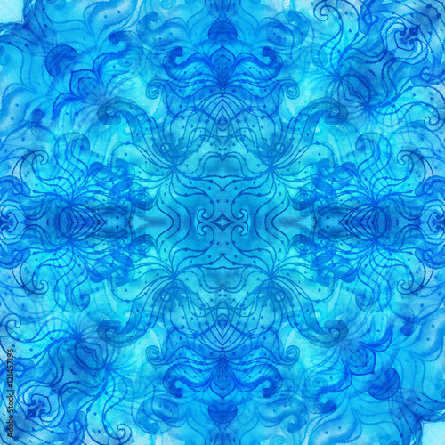 Blue patterned background painted with watercolor