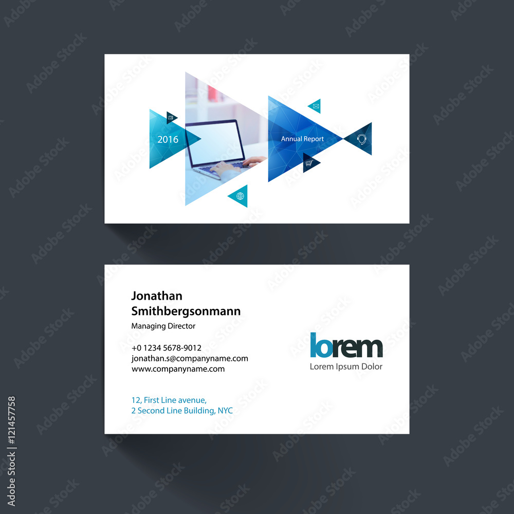 Vector business card template with moving triangles and arrows f