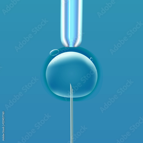 In vitro fertilization IVF , the egg ovum , pipette and pipe verticle, reproduction in humans illustration for an article, site or typography magazine, brochure, flyer, poster , light blue