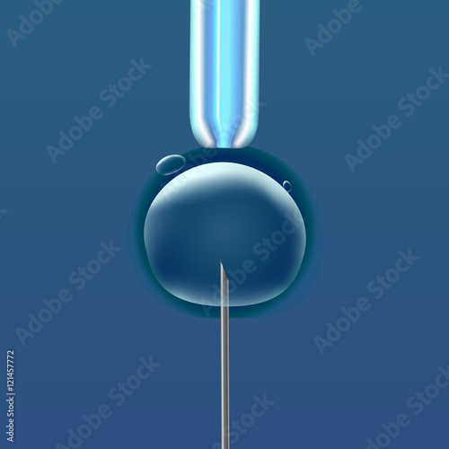 In vitro fertilization IVF , the egg ovum , pipette and pipe vertical, reproduction in humans illustration for an article, site or typography magazine, brochure, flyer, poster , blue