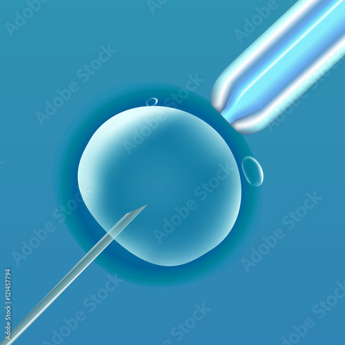 In vitro fertilization IVF , the egg ovum , pipette and pipe diagonal, reproduction in humans illustration for an article, site or typography magazine, brochure, flyer, poster , light blue
