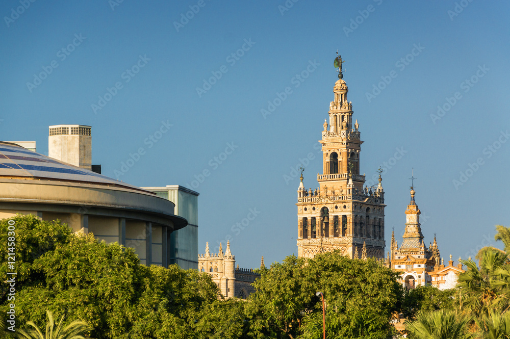 Sunset view of Sevilla from the brige over Guadalquivir, Andalusia province, Spain.