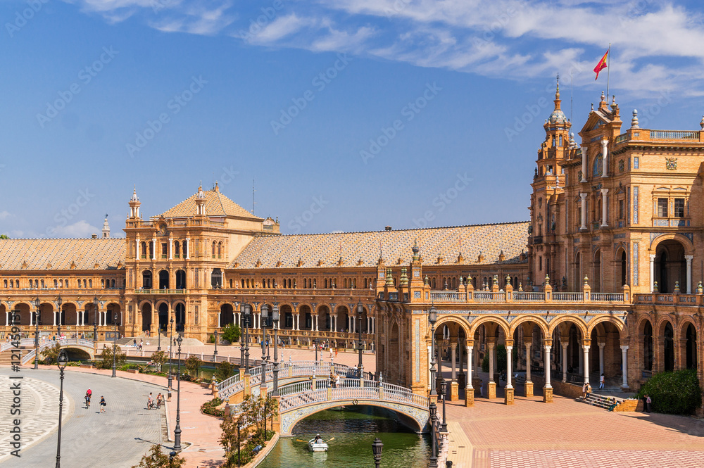 Sunny view of Plaza de Espana in Seville, Andalusia province, Spain.