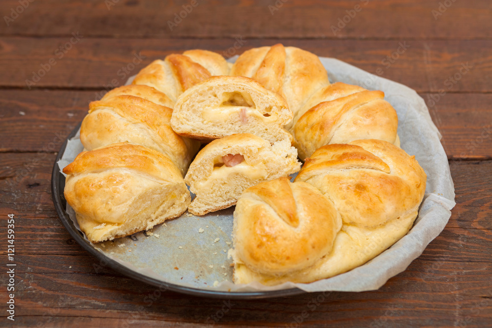 Homemade bread with cheese and salami