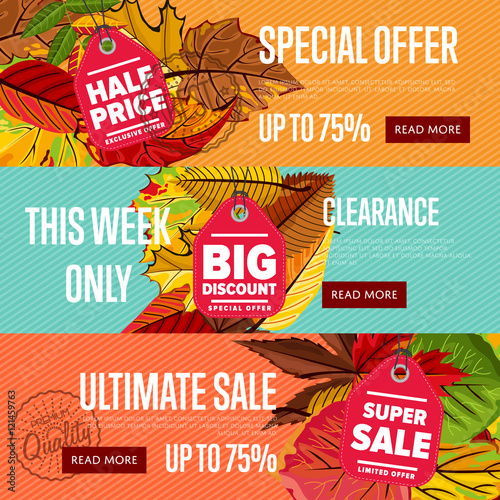 Autumn seasonal sale website templates, vector illustration. Ultimate sale this week only. Best price posters on color background with autumn leaves. Incredible sale proposition