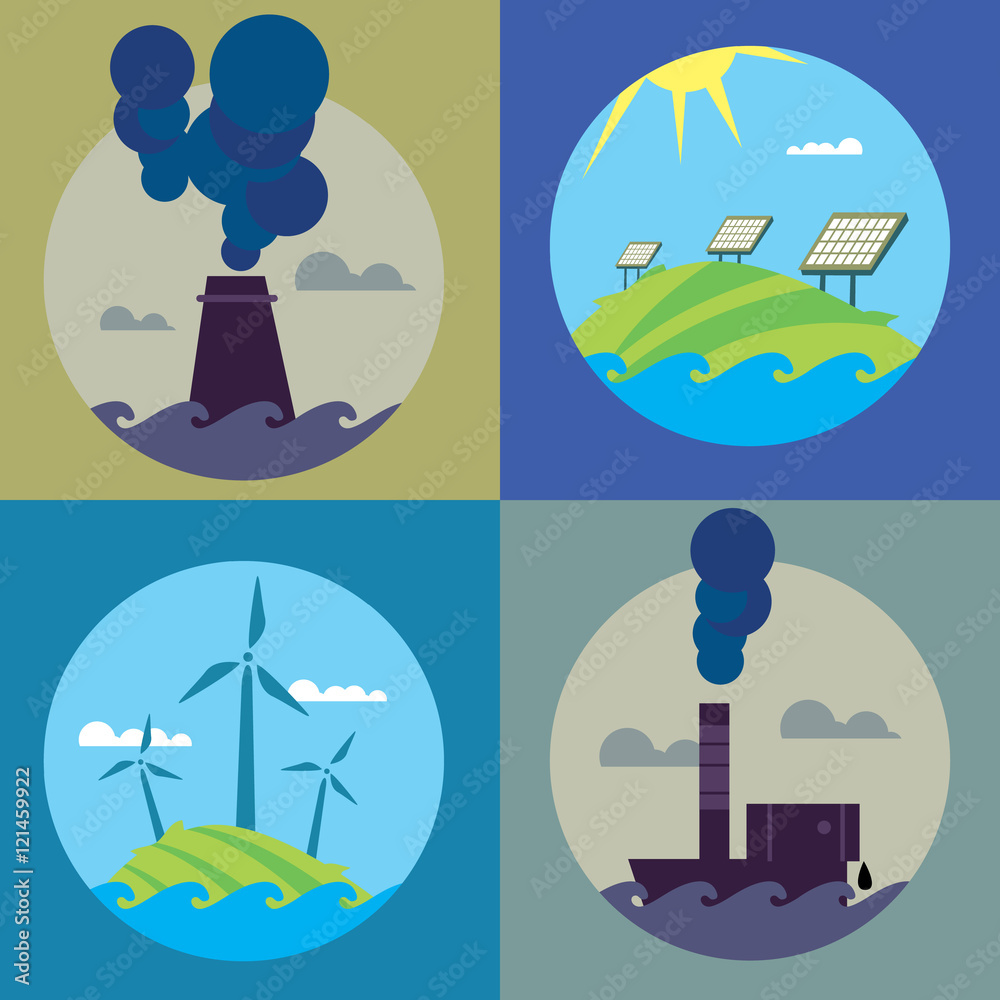 Eco energy and air pollution vector illustration set. Chemical factory with smoke stack, polluting atmosphere. Solar panels and wind turbines in natural landscape. Traditional and alternative sources