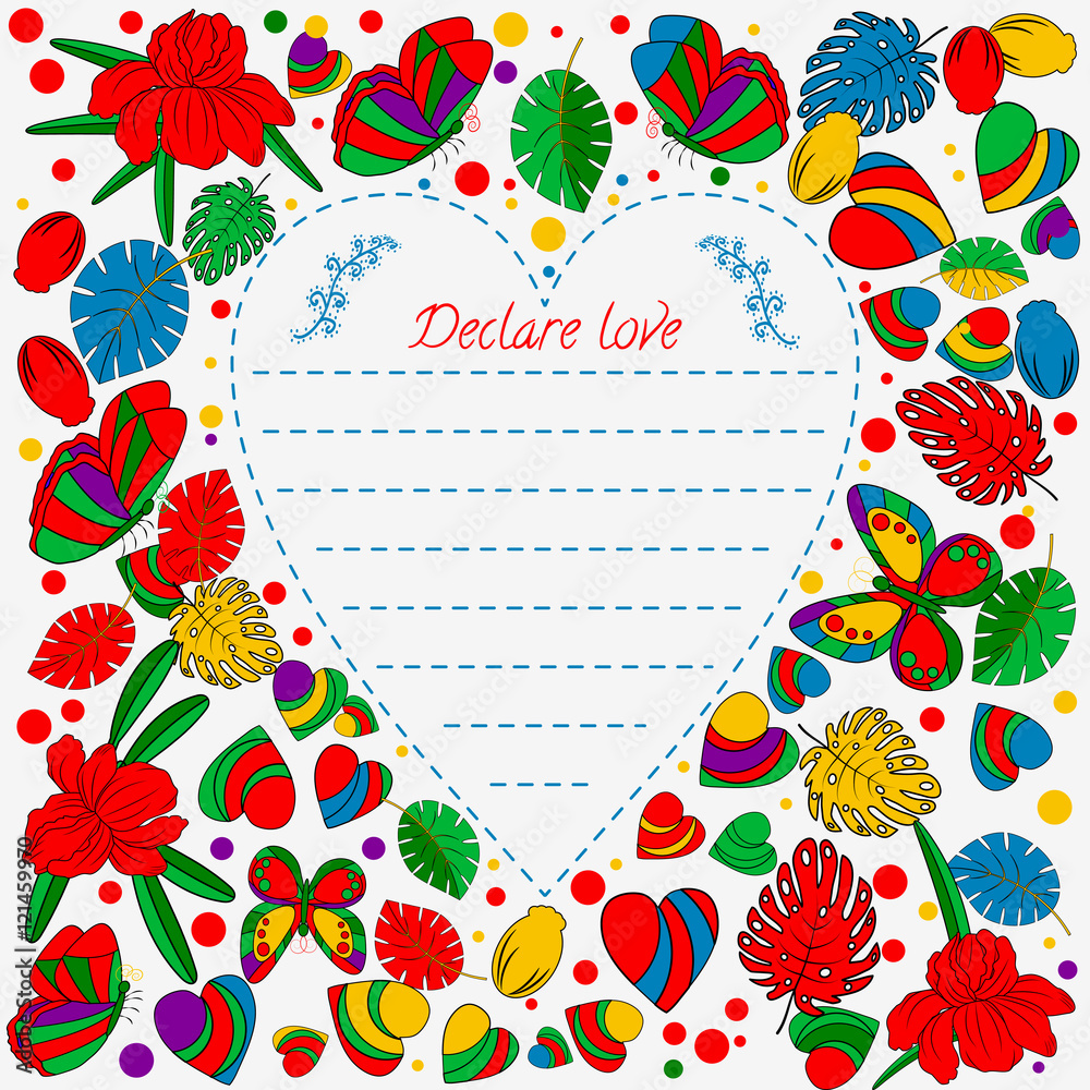Valentine s day template greeting card. Flowers in heart shape. Heart made of flowers and central  copyspace for your text.. Doodle Heart. Valentines day card.