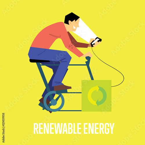 Renewable energy vector illustration. Man on bicycle with dynamo generates power for your smartphone. Charging station. Clean energy. Eco generation. Alternative technologies photo