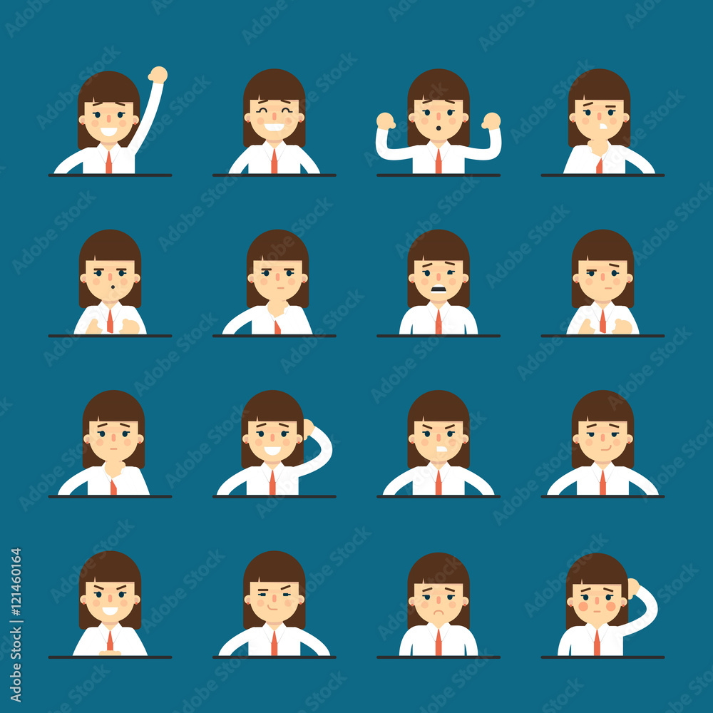 Cartoon girl in various poses and facial expressions. People emotional icons isolated on blue background, vector illustration. Collection of female avatars faces. Different emotions icon set. Cartoon girl in various poses and facial expressions. People emotional icons isolated on blue background, vector illustration. Collection of female avatars faces. Different emotions icon set.