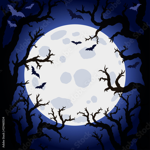 Halloween abstract background with moon and scary tree brushes.