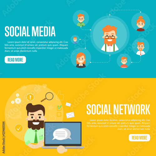 Smiling man with own successful social network. Cartoon man holding laptop with speech bubbles on screen. Social media network banners, vector illustration. Connecting people. Teamwork concept