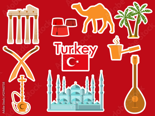 Turkey stickers. Turkish symbols: The Blue Mosque, the Agora, the Turkish hat, shisha, camel, scimitar, guitar. Patches elements Turkey. Vector illustration.