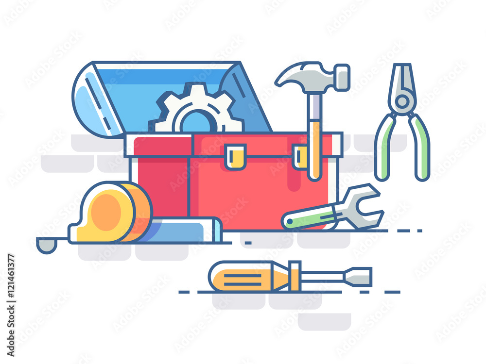 Open box with tools. Pliers and hammer, screwdriver and roulette. Vector illustration Open box with tools. Pliers and hammer, screwdriver and roulette. Vector illustration