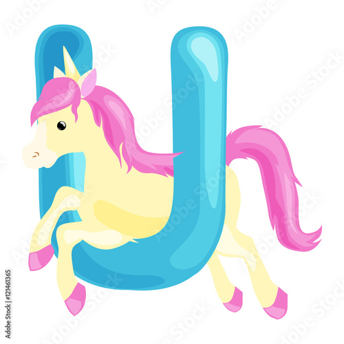 letter u with unicorn animal for kids abc education in preschool.
