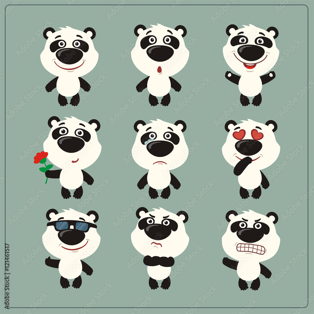 Vector set isolated emotion panda bear. Collection cute panda bear in cartoon style.