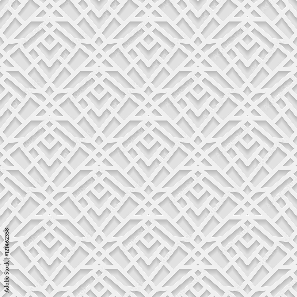 Seamless 3D white pattern, arabic geometric pattern, indian ornament, persian motif, vector. Endless texture can be used for wallpaper, pattern fills, web page background, surface textures. Seamless 3D white pattern, arabic geometric pattern, indian ornament, persian motif, vector. Endless texture can be used for wallpaper, pattern fills, web page background, surface textures.