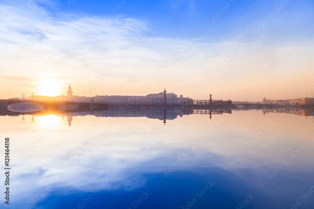 Spit of Vasilievsky Island and Rostral Columns in St. Petersburg, Russia