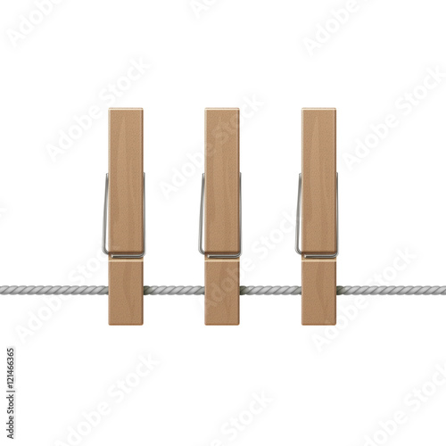 Vector Wooden Clothespins Pegs on Rope Side View Close up Isolated on White Background