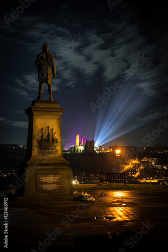 Whitby Abbey at night with lights