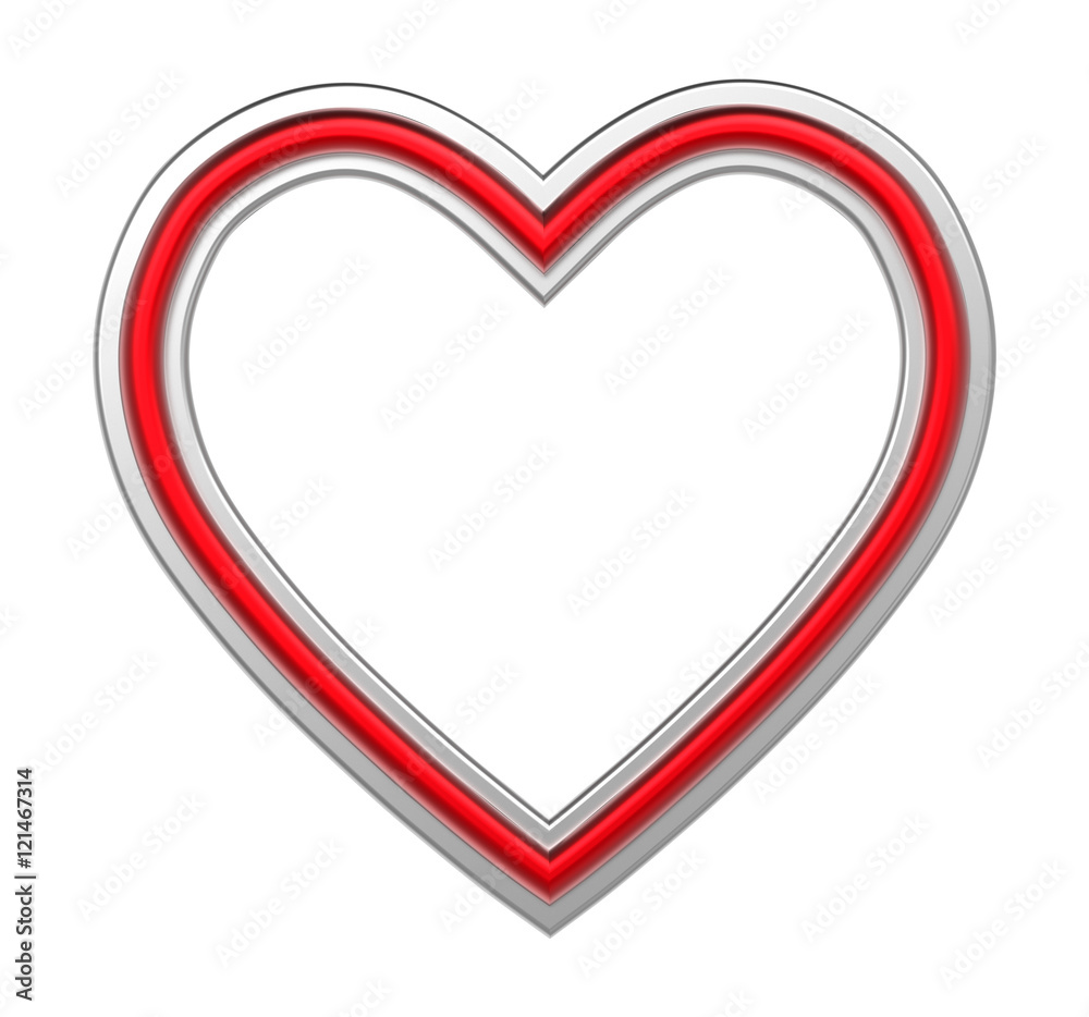 Golden-red heart picture frame isolated on white. 3D illustration.
