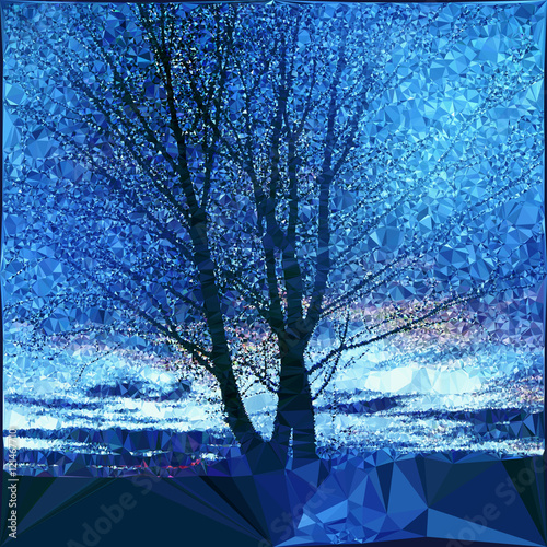 Nostalgic winter landscape with bare tree. Polygonal blue and white landscape with sky and silhouette of tree