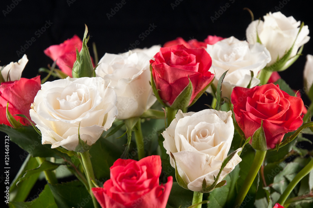 Fototapeta premium White and red roses on black background