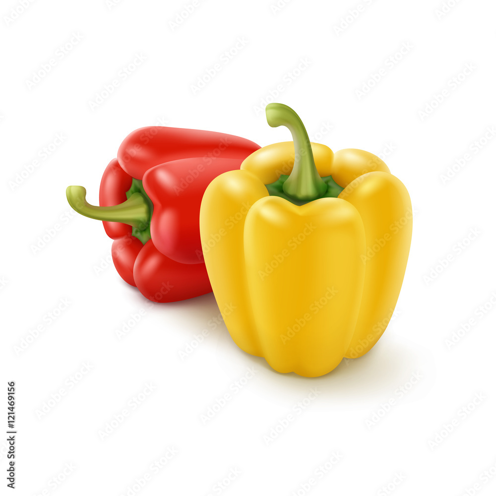 Two Yellow and Red Bulgarian Bell Peppers Isolated on Background Two Yellow and Red Bulgarian Bell Peppers Isolated on Background