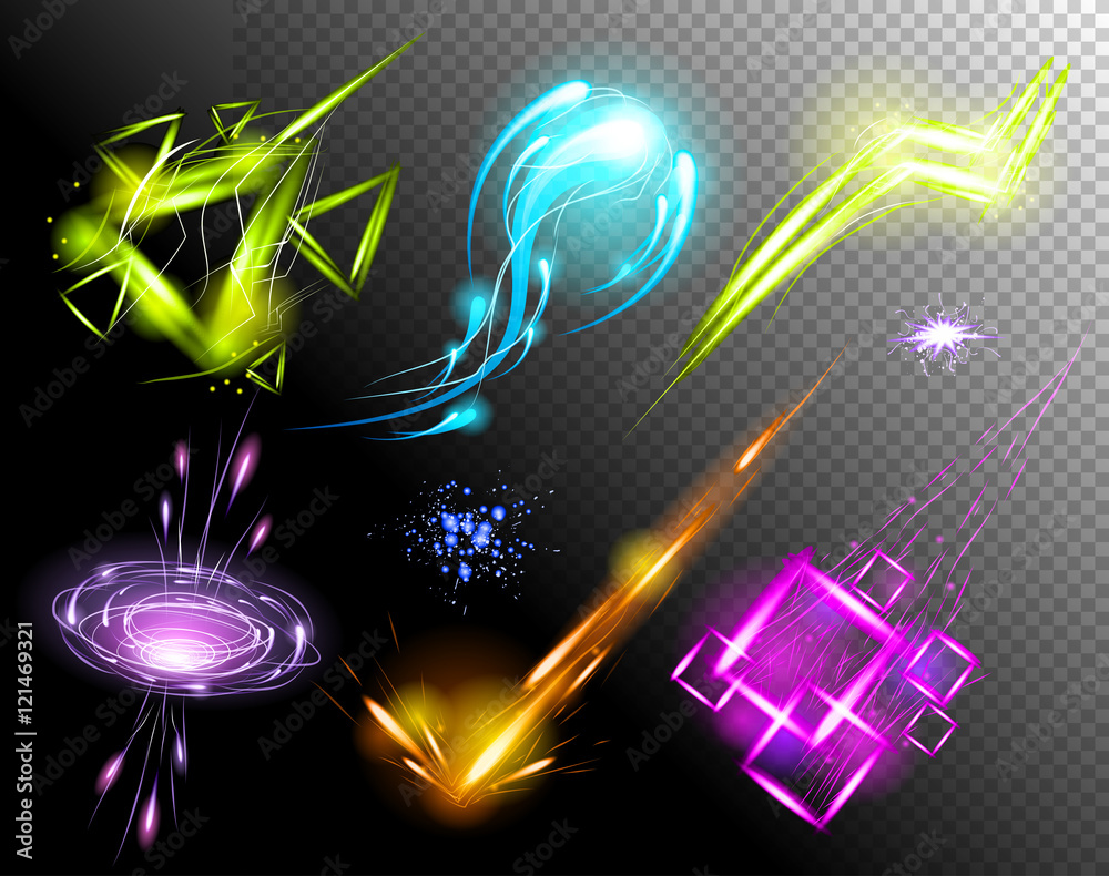 Vector Glowing Light Effect set. Sparkling Efect Design Element Collection. Stars, Planet, Comet, Galaxy, Asteroid isolated on black Background. Illustration