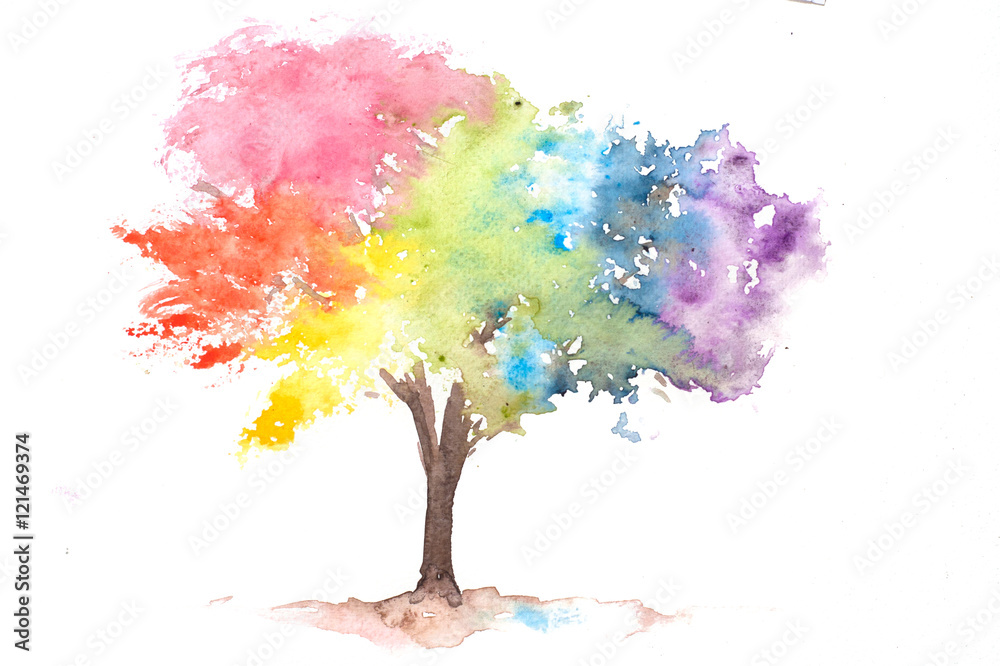Naklejka premium Rainbow color tree on white, watercolor hand painted