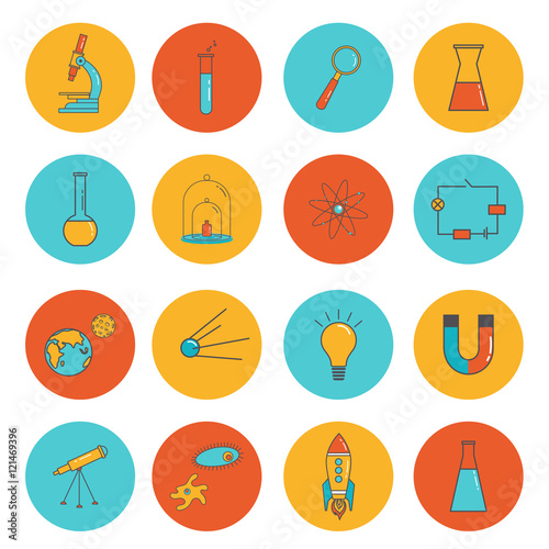 Set of flat icon vector illustration in stylish colors. Educational and science concept. Isolated on white background.