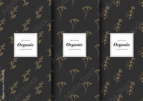 Set of labels, packaging for organic shop or natural cosmetics. Vector floral patterns with grey color.