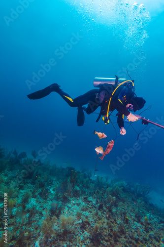 Scuba diver with speargun and dead fishes