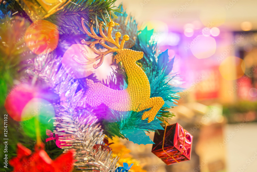 christmas tree decorations and blurred lights background. 