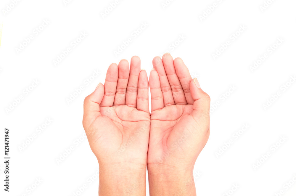 Woman hands praying on white background, religion concept Woman hands praying on white background, religion concept