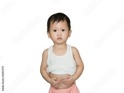 Wallpaper Mural Asian toddler dirty mouth holding belly, looks like stomach ache. Torontodigital.ca