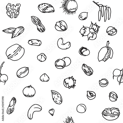 Doodle seamless pattern with different nuts: walnuts, pistachios, hazelnuts, cashew etc. Line art repeated food background.